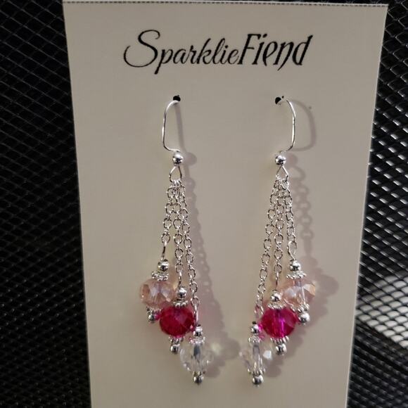 Fuchsia, pink and clear iridescent crystal rondelle earrings - Picture 4 of 4